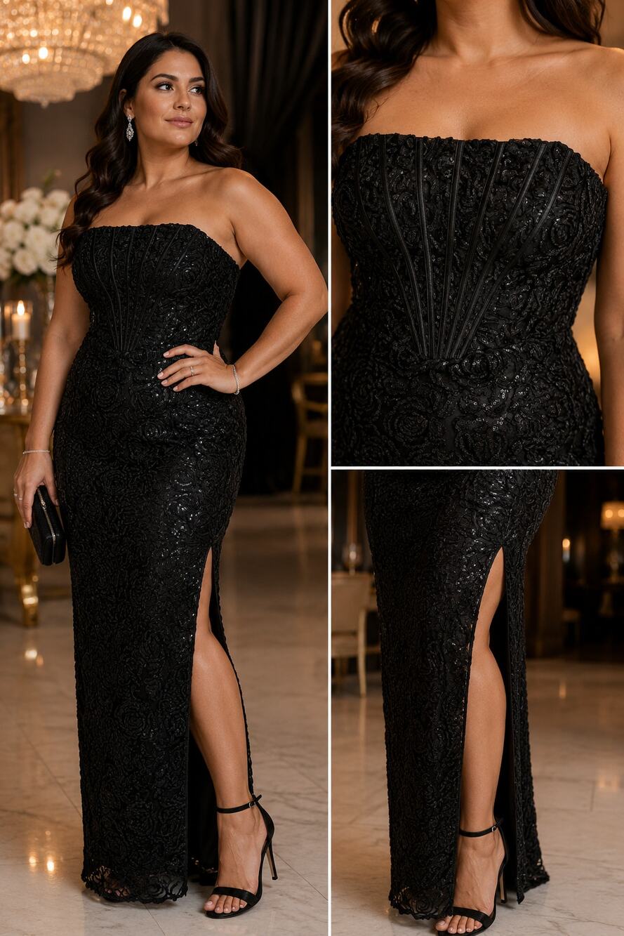 NWT Lulus Black Floral Sequin Strapless Corset Maxi Gown Evening Formal Dress L